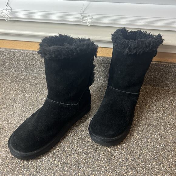 Koolaburra by UGG Womens Sz 7 Black Suede Tall Boots Faux Fur Trim Sherpa Lining - Picture 2 of 11